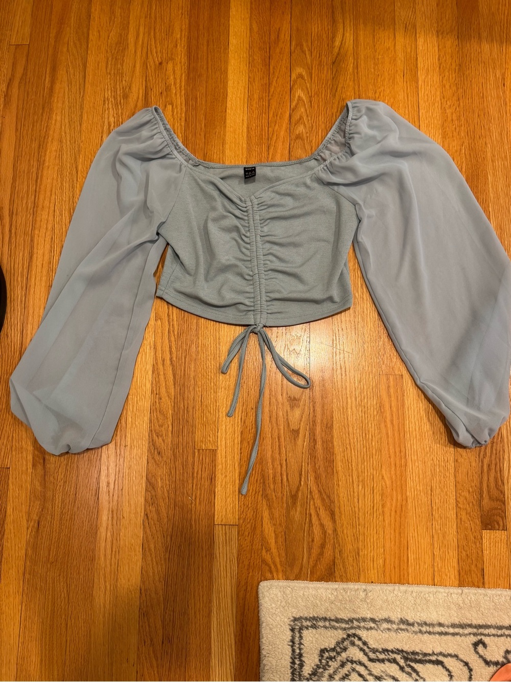 SHEIN Pale Blue Ruched Drawstring Puff Sleeve Crop Top